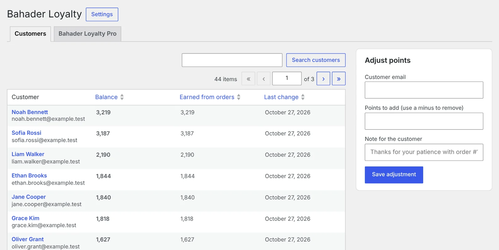 WooCommerce admin: Bahader Loyalty customers table with balances, and an Adjust points form.