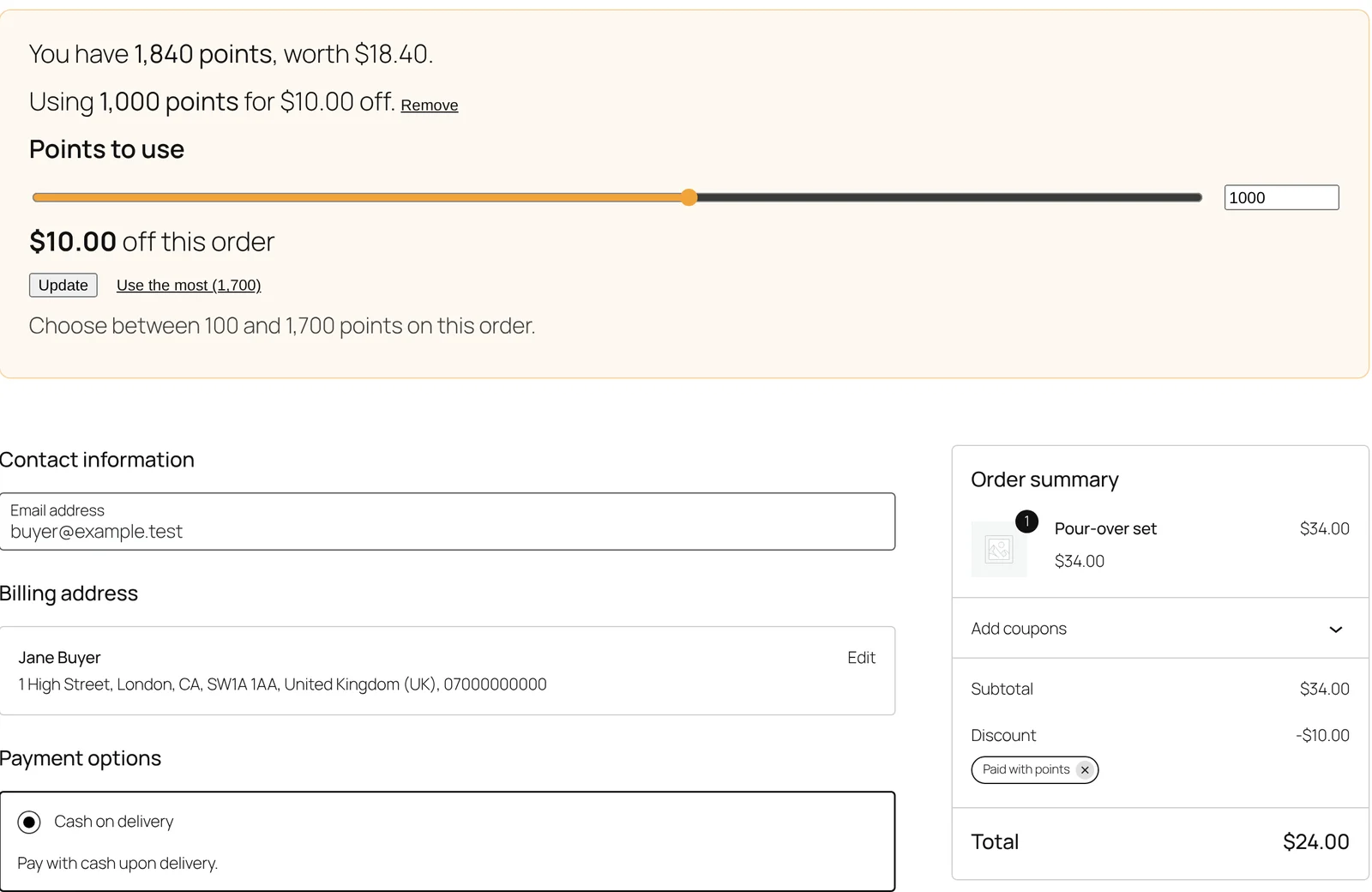 Bahader Loyalty at checkout: the customer picks 1,000 of their 1,840 points for $10 off, and the order total drops from $34 to $24.